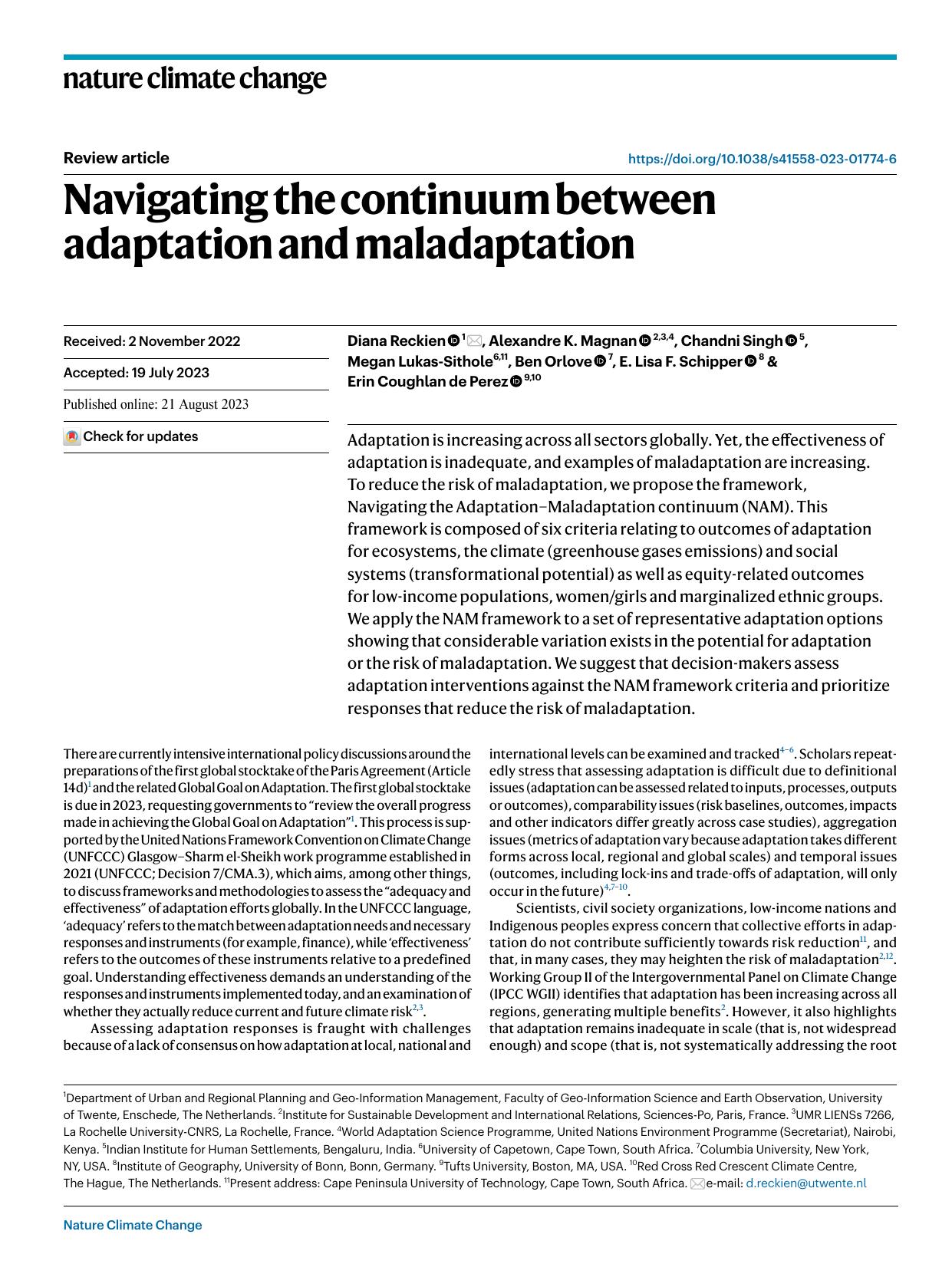 Navigating the continuum between adaptation and maladaptation by Reckien D et al