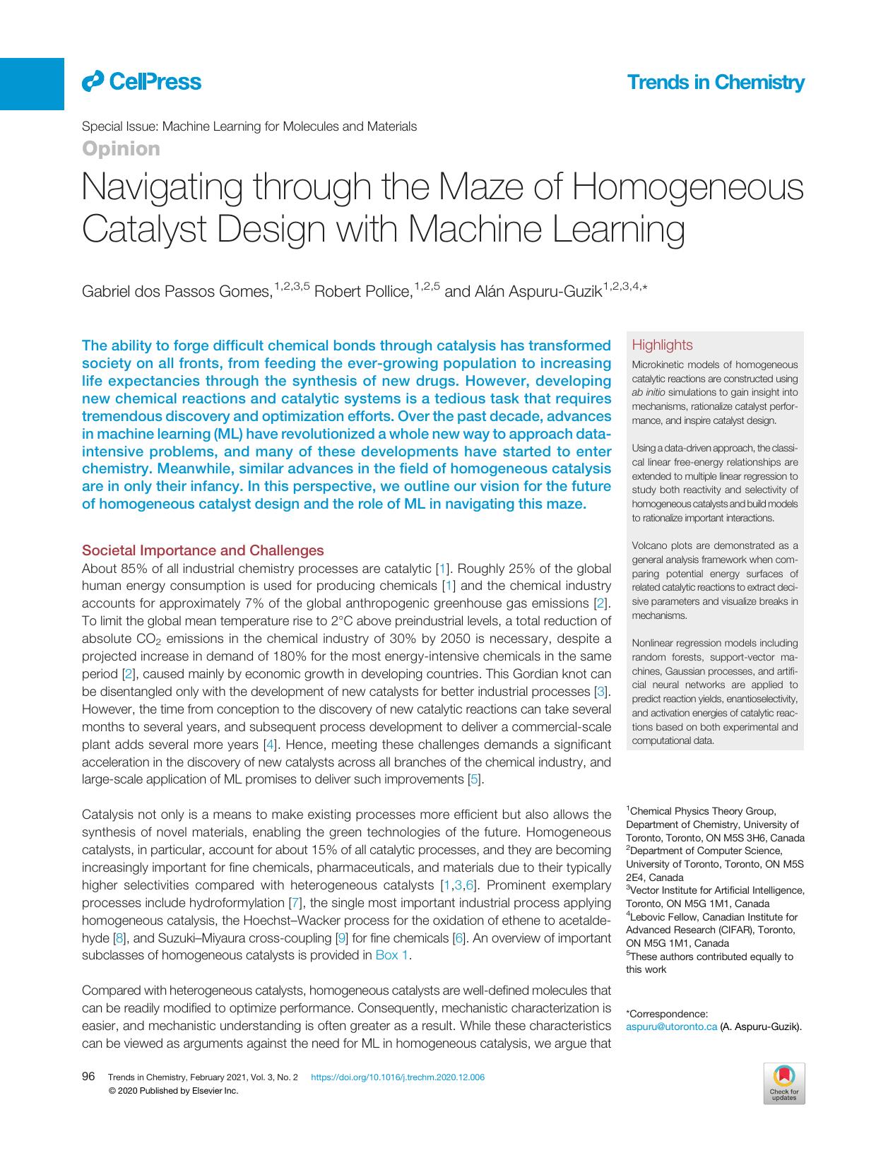 Navigating through the Maze of Homogeneous Catalyst Design with Machine Learning by Gabriel dos Passos Gomes & Robert Pollice & Alán Aspuru-Guzik