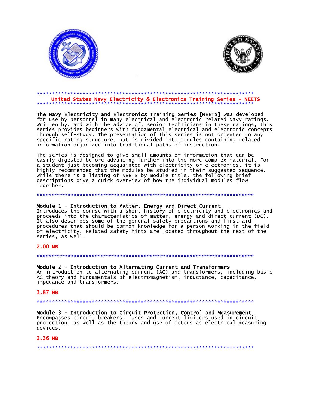 Navy Electricity and Electronics Training Series (NEETS) (SuDoc D 207.217:EL 2 MOD.1-24 CD) by U.S. Dept of Defense