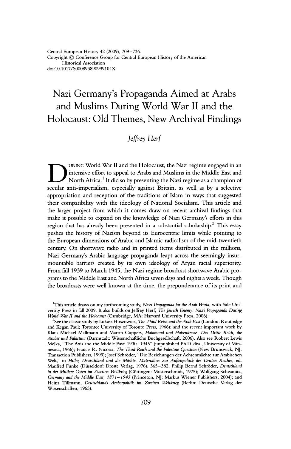 Nazi Germany's Propaganda Aimed at Arabs and Muslims During World War II and the Holocaust; Old Themes, New Archival Findings by Unknown