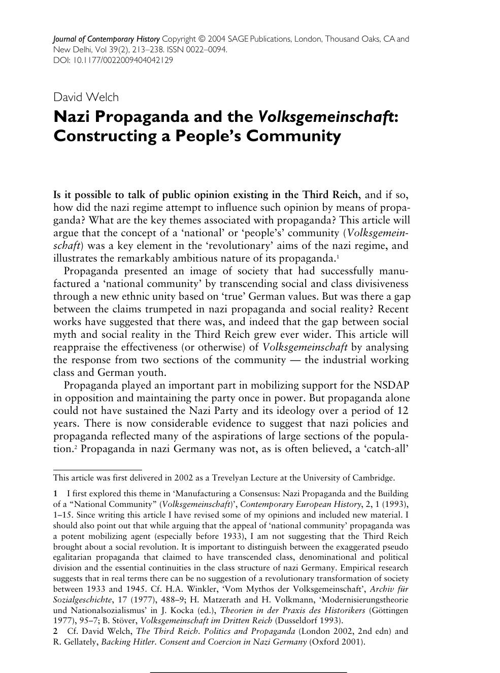 Nazi Propaganda and the Volksgemeinschaft, Constructing a Peopleâs Community by Unknown