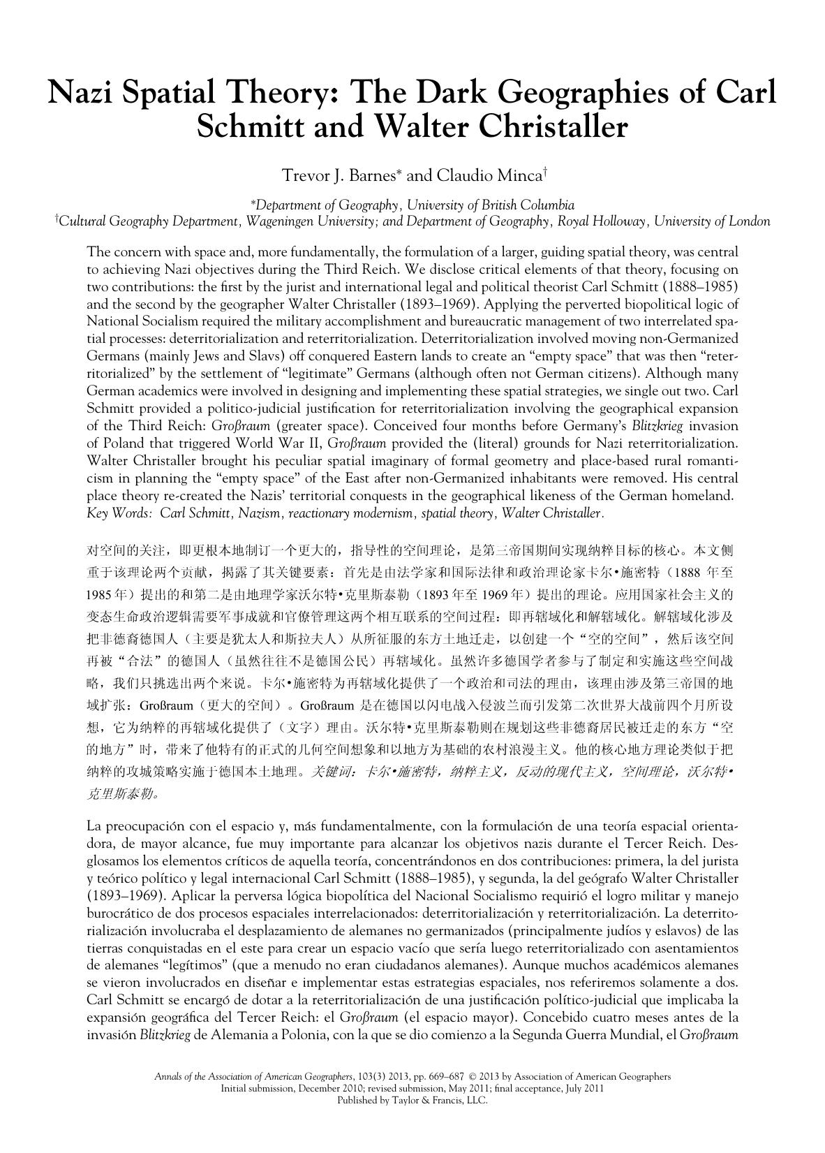 Nazi Spatial Theory; The Dark Geographies of Carl Schmitt and Walter Christaller by Unknown