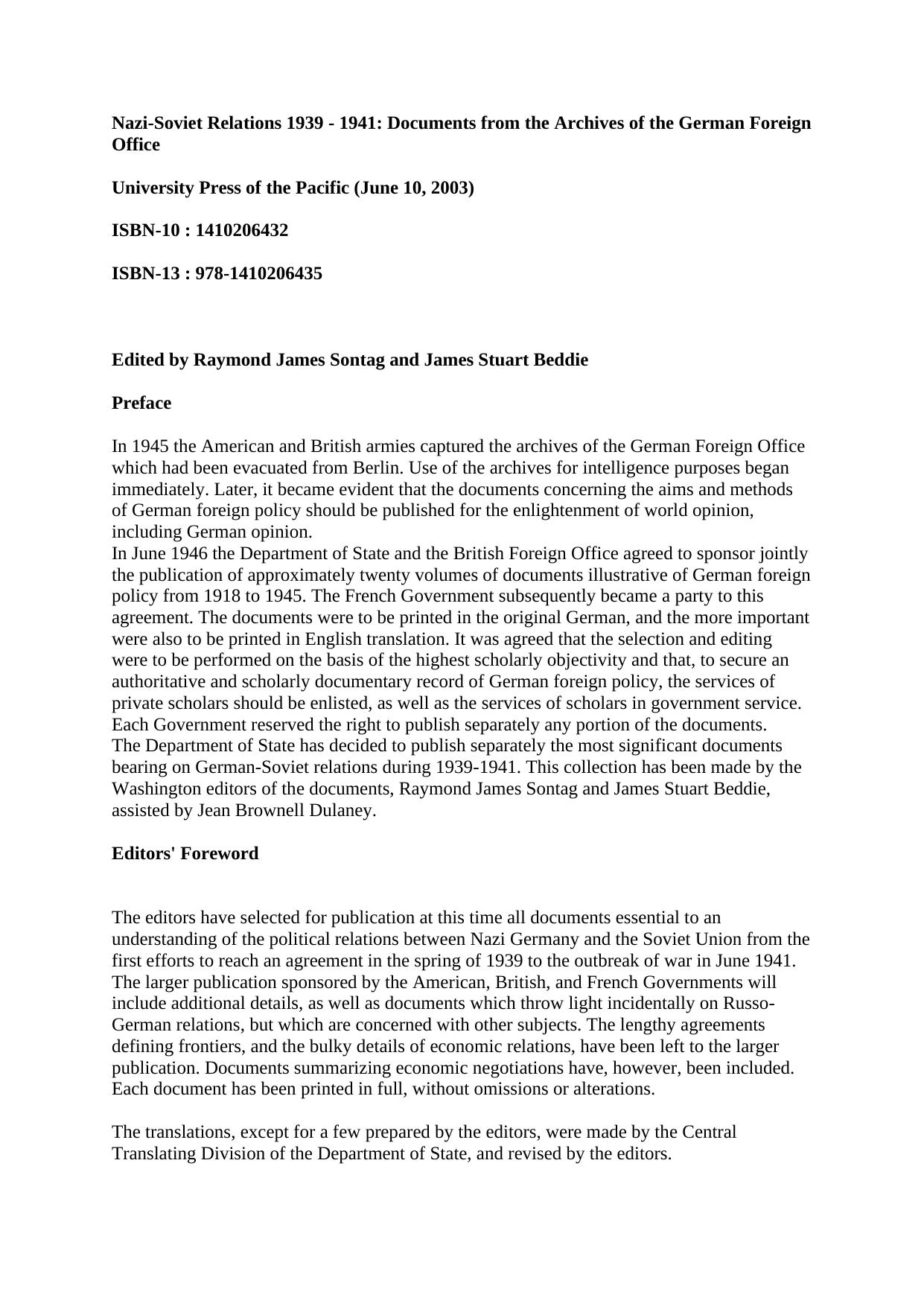 Nazi-Soviet Relations 1939 - 1941: Documents from the Archives of the German Foreign Office by Raymond James Sontag (editor) James Stuart Beddie (editor)