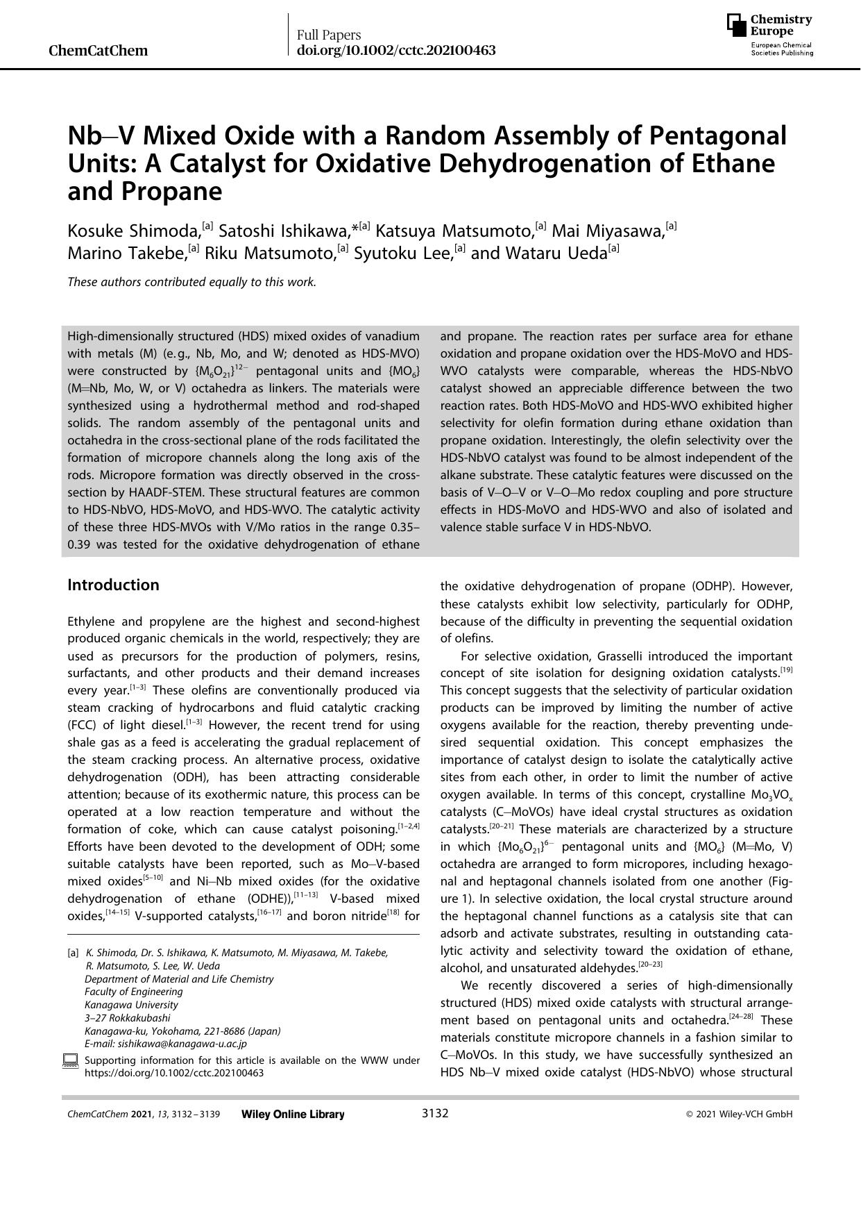NbâV Mixed Oxide with a Random Assembly of Pentagonal Units: A Catalyst for Oxidative Dehydrogenation of Ethane and Propane by Unknown