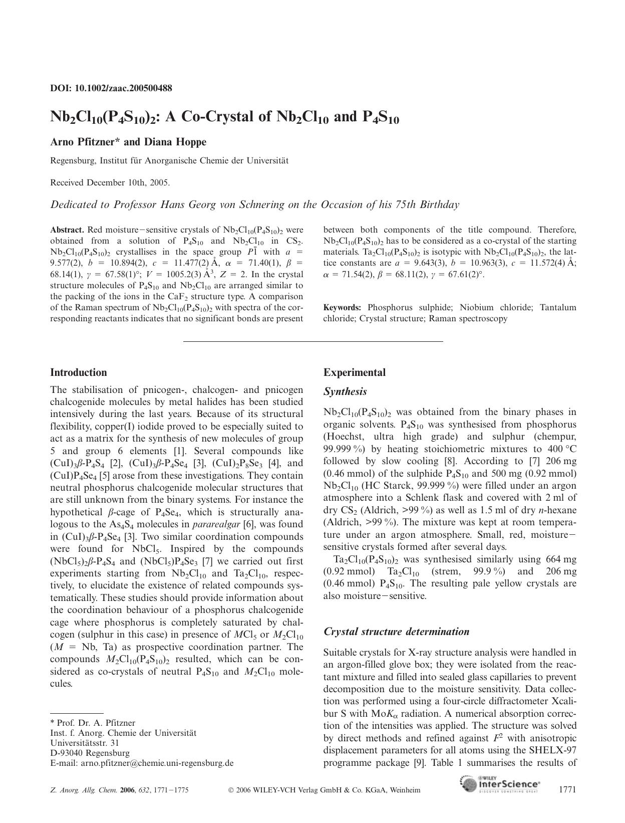Nb2Cl10(P4S10)2: A Co-Crystal of Nb2Cl10 and P4S10 by Unknown