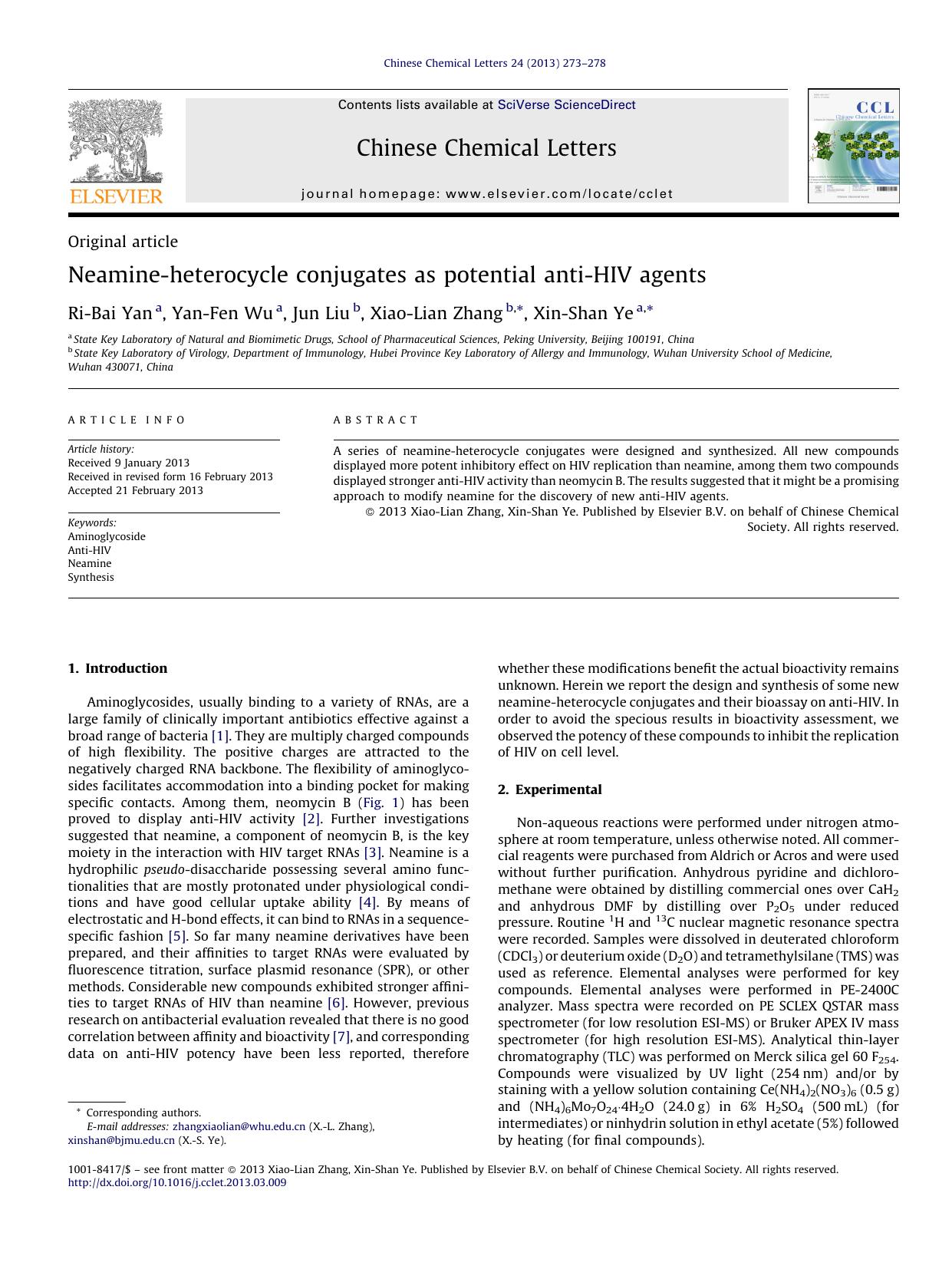 Neamine-heterocycle conjugates as potential anti-HIV agents by Ri-Bai Yan