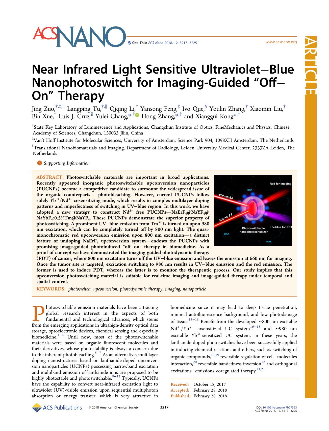 Near Infrared Light Sensitive UltravioletâBlue Nanophotoswitch for Imaging-Guided âOffâOnâ Therapy by unknow