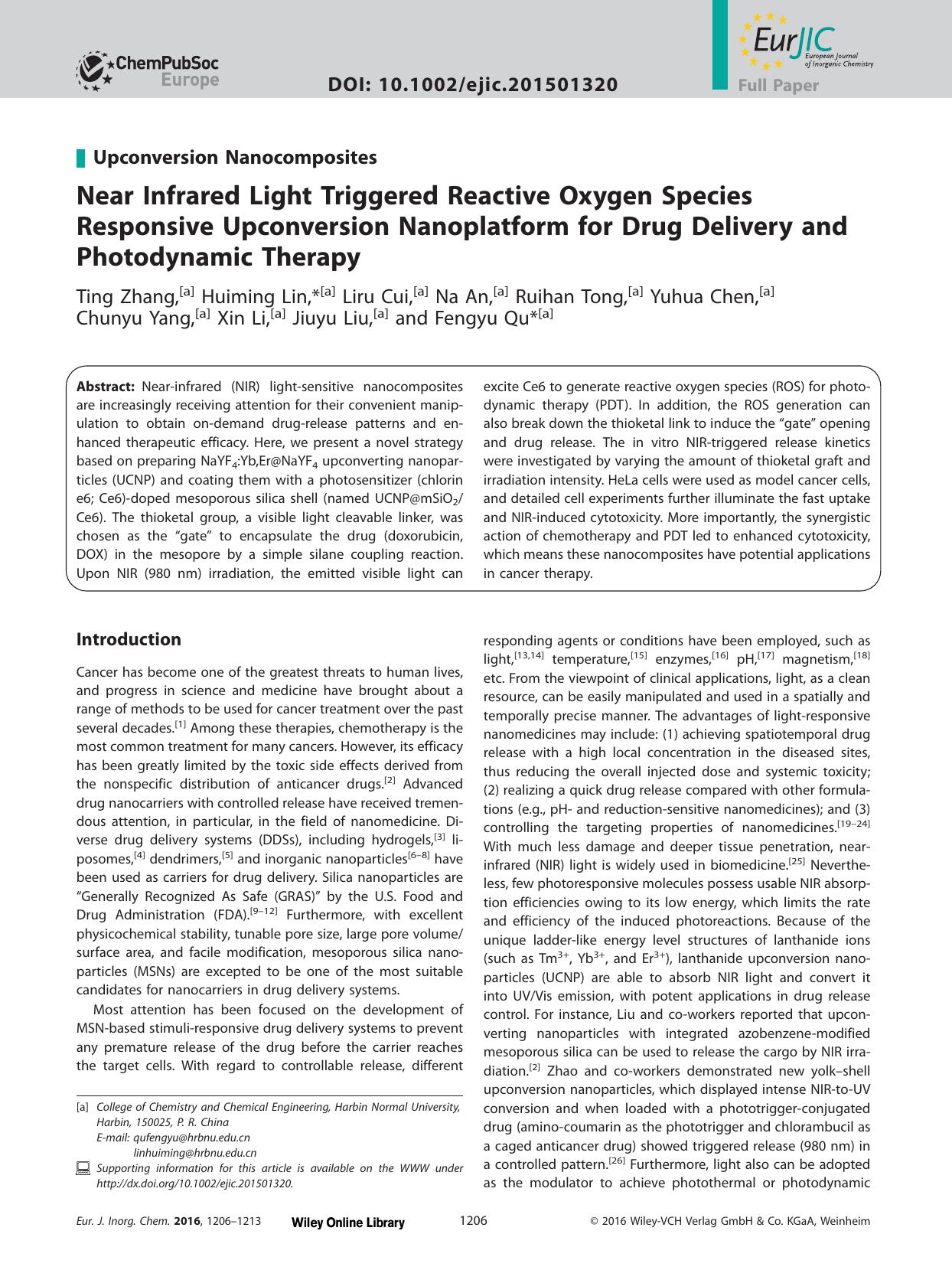 Near Infrared Light Triggered Reactive Oxygen Species Responsive Upconversion Nanoplatform for Drug Delivery and Photodynamic Therapy by Unknown