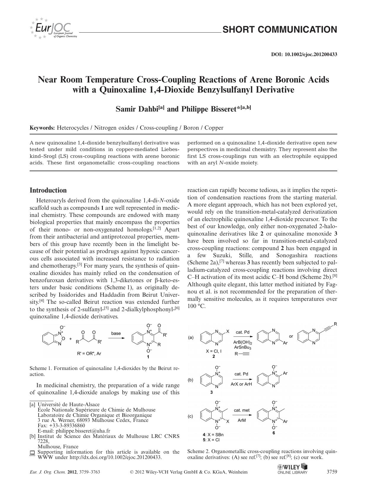 Near Room Temperature CrossCoupling Reactions of Arene Boronic Acids with a Quinoxaline 1,4Dioxide Benzylsulfanyl Derivative by Unknown