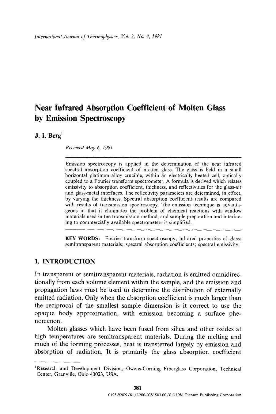 Near infrared absorption coefficient of molten glass by emission spectroscopy by Unknown