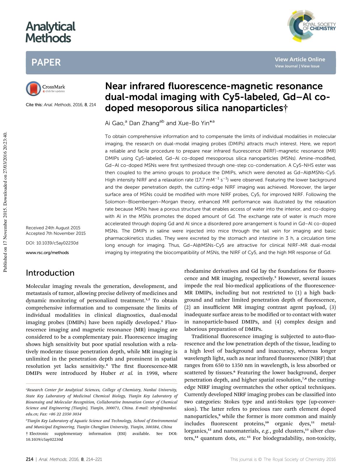 Near infrared fluorescence-magnetic resonance dual-modal imaging with Cy5-labeled, GdâAl co-doped mesoporous silica nanoparticles by Ai Gao & Dan Zhang & Xue-Bo Yin