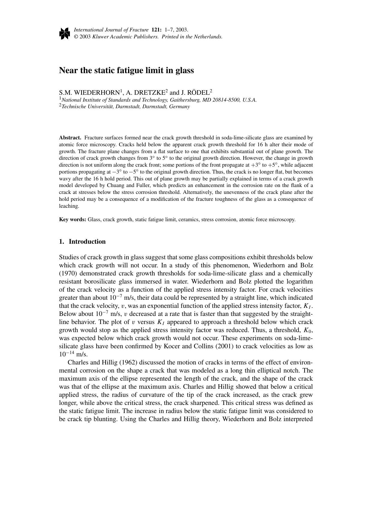 Near the static fatigue limit in glass by Unknown