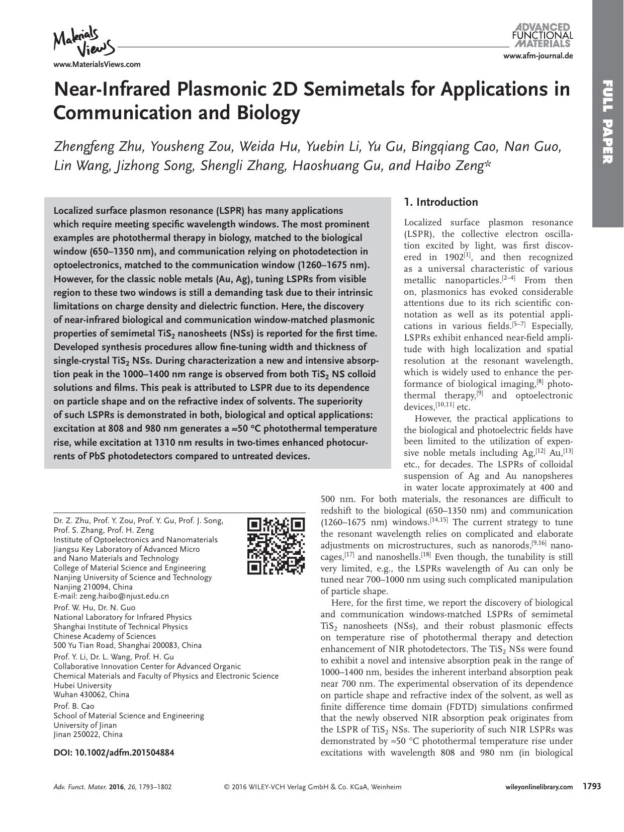 Near‐Infrared Plasmonic 2D Semimetals for Applications in Communication and Biology by Unknown