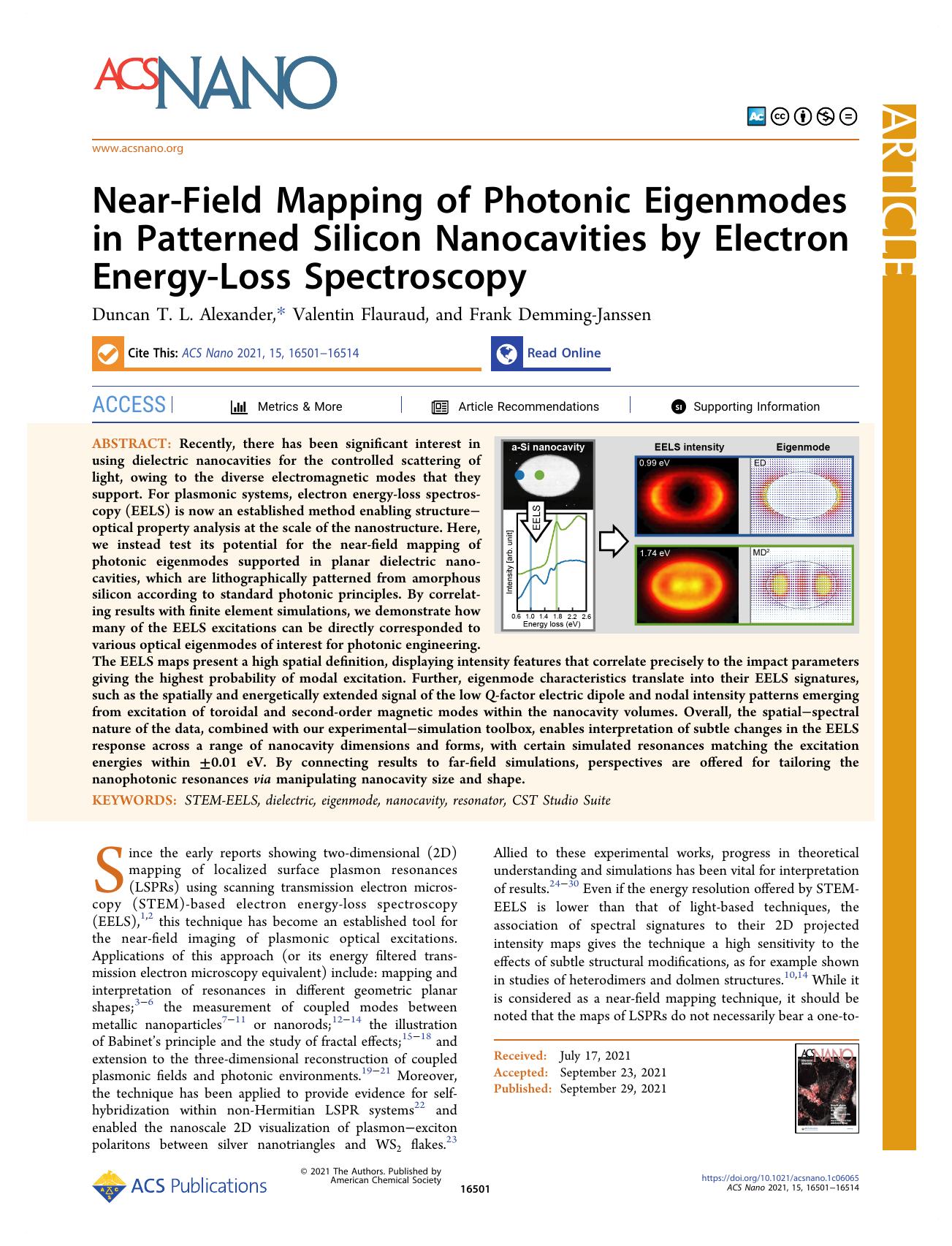 Near-Field Mapping of Photonic Eigenmodes in Patterned Silicon Nanocavities by Electron Energy-Loss Spectroscopy by Duncan T. L. Alexander Valentin Flauraud and Frank Demming-Janssen