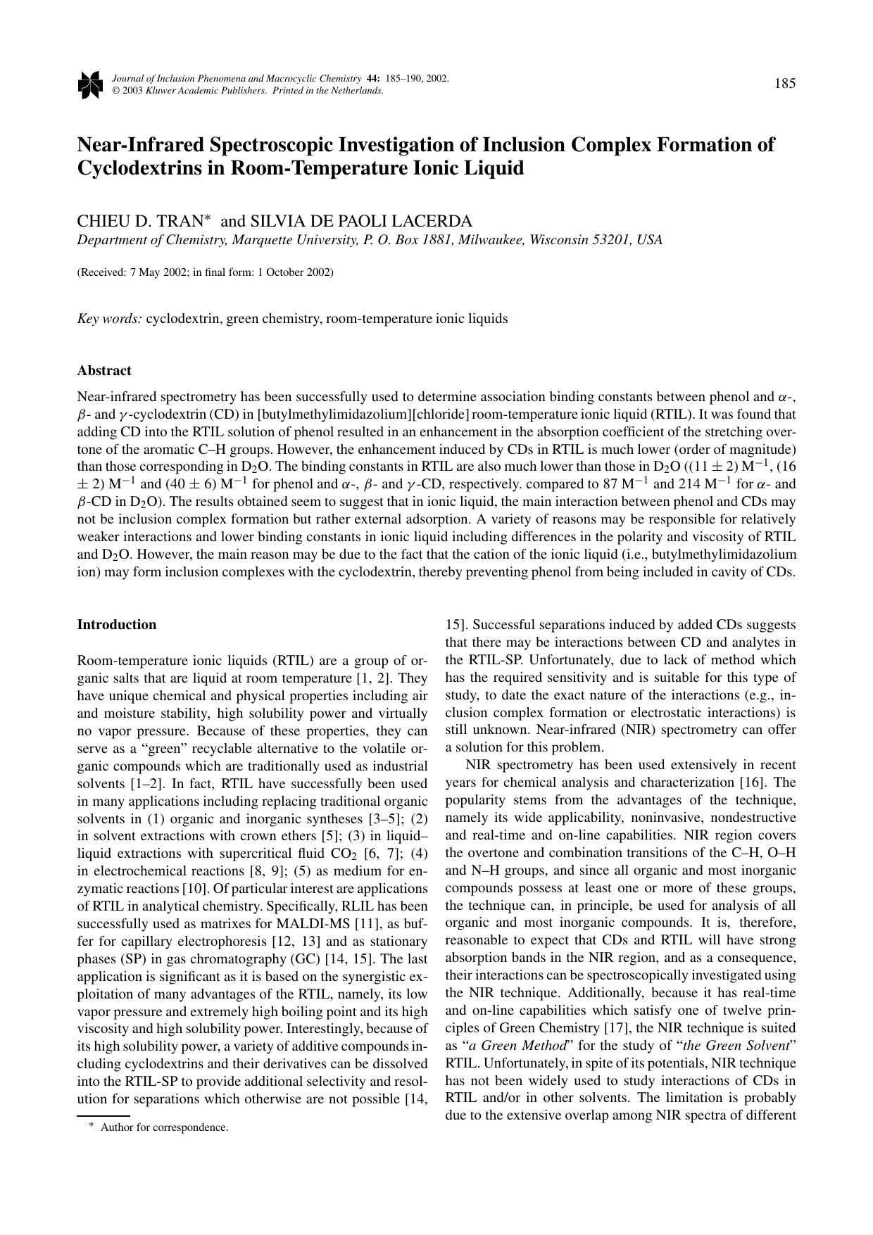 Near-Infrared Spectroscopic Investigation of Inclusion Complex Formation of Cyclodextrins in Room-Temperature Ionic Liquid by Unknown