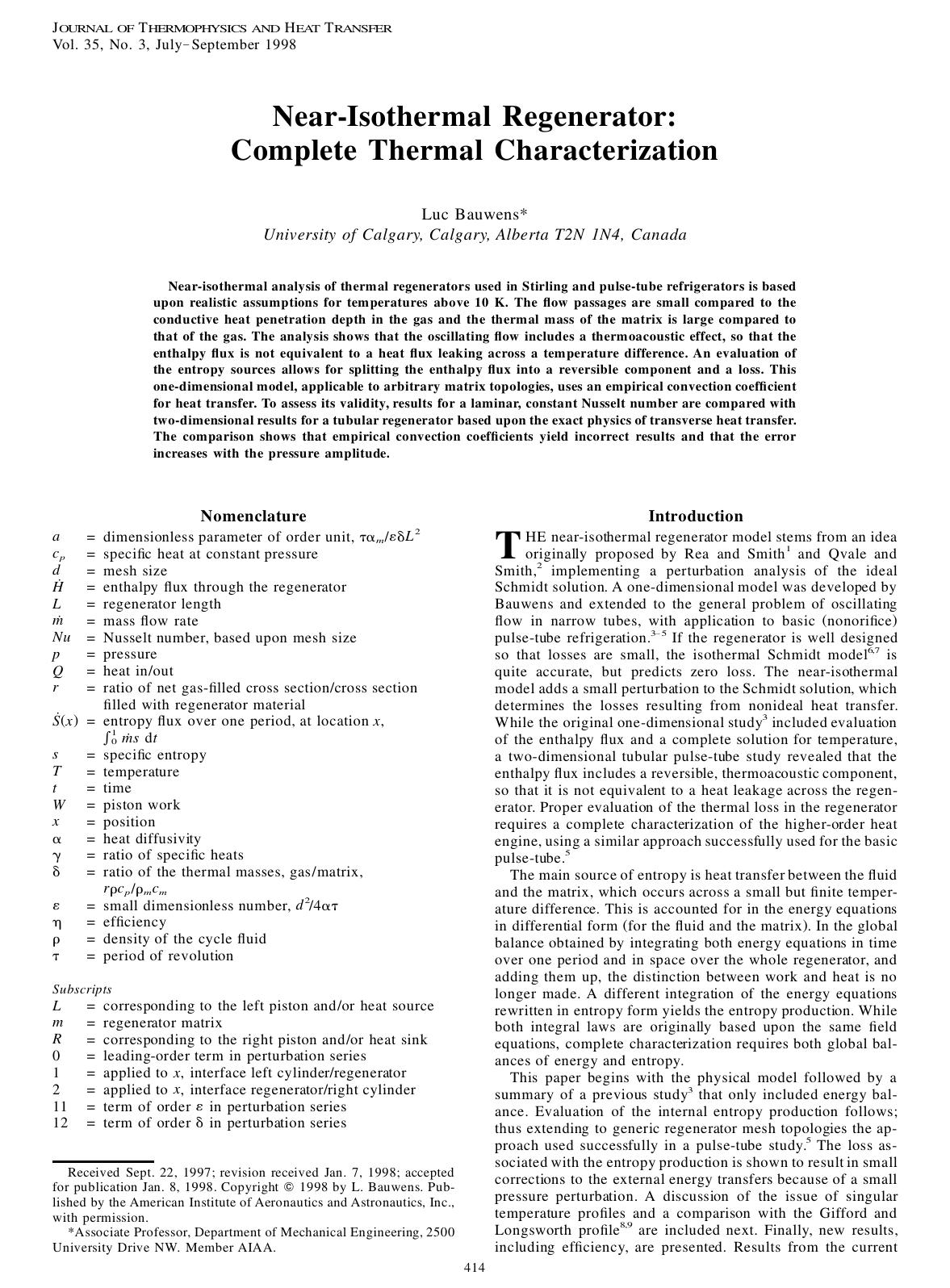 Near-Isothermal Regenerator: Complete Thermal Characterization by Unknown