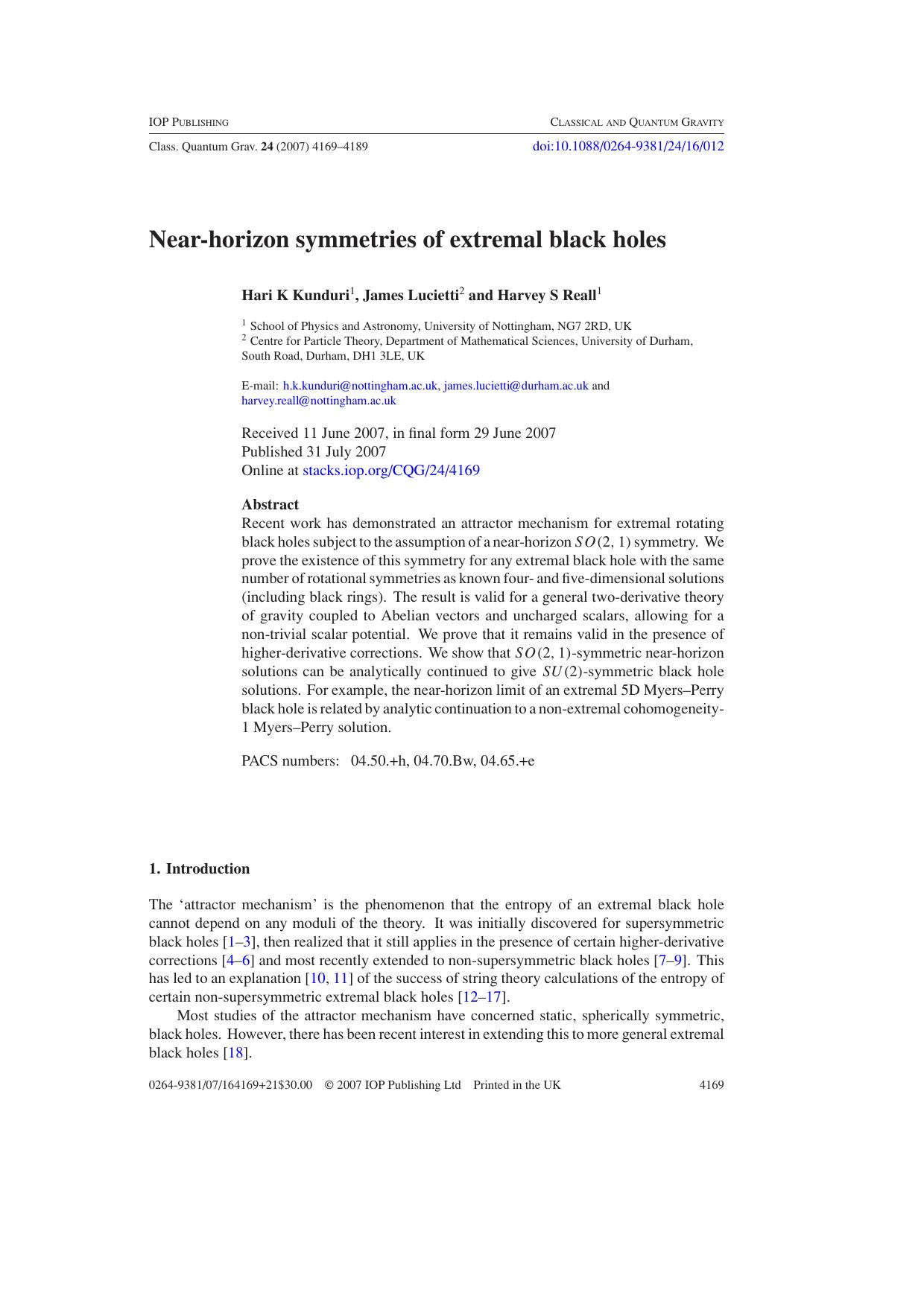 Near-horizon symmetries of extremal black holes by H K Kunduri et al