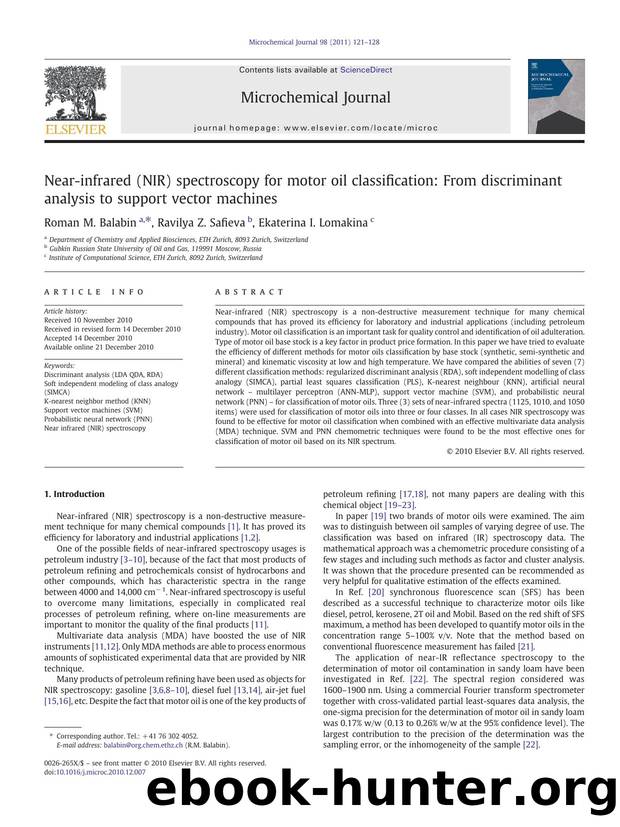 Near-infrared (NIR) spectroscopy for motor oil classification: From discriminant analysis to support vector machines by Roman M. Balabin & Ravilya Z. Safieva & Ekaterina I. Lomakina