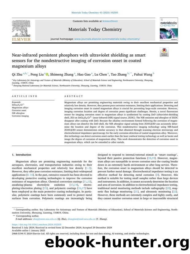 Near-infrared persistent phosphors with ultraviolet shielding as smart sensors for the nondestructive imaging of corrosion onset in coated magnesium alloys by Qi Zhu