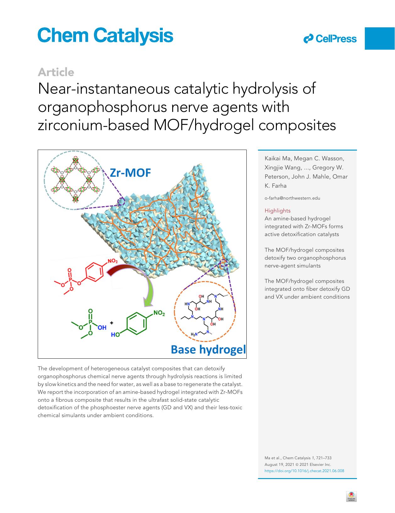 Near-instantaneous catalytic hydrolysis of organophosphorus nerve agents with zirconium-based MOFhydrogel composites by unknow