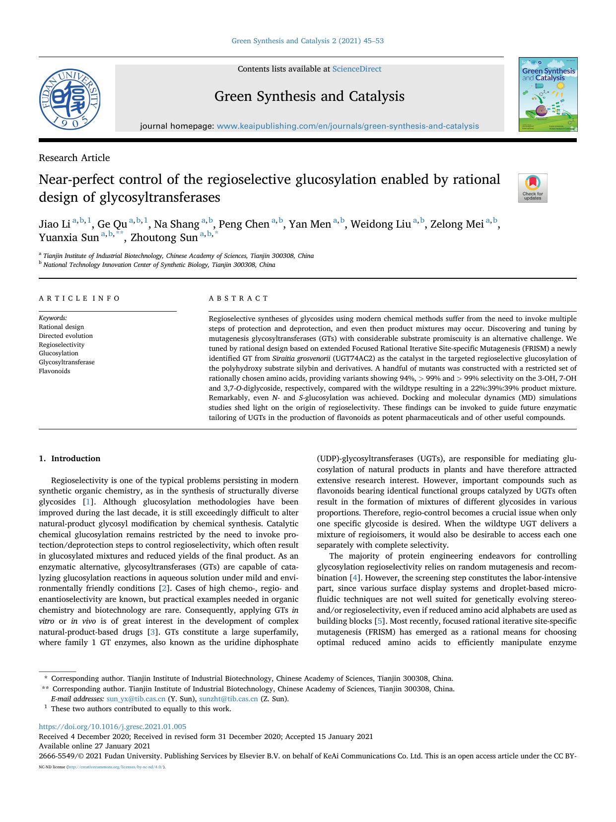 Near-perfect control of the regioselective glucosylation enabled by rational design of glycosyltransferases by unknow