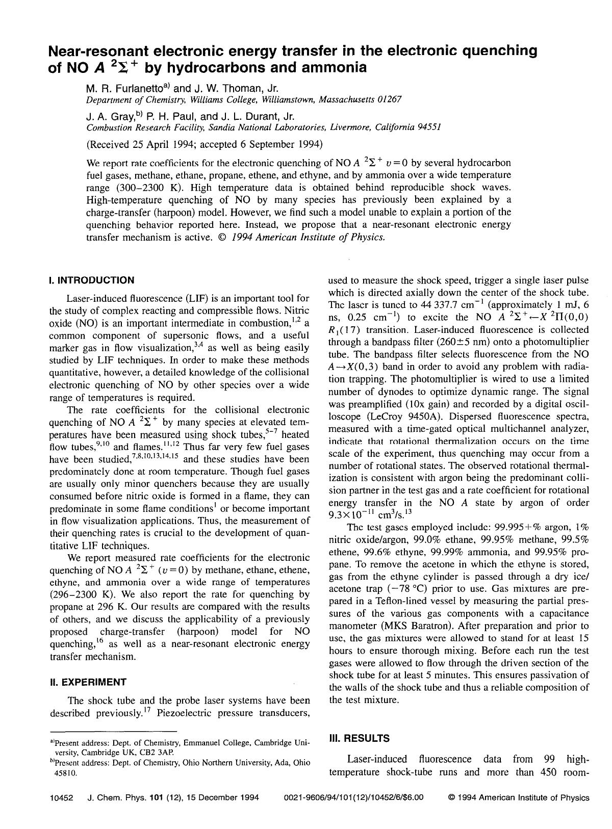 Near-resonant electronic energy transfer in the electronic quenching of NO A 2&Sgr;+ by hydrocarbons and ammonia by M. R. Furlanetto; J. W. Thoman; J. A. Gray; P. H. Paul; J. L. Durant