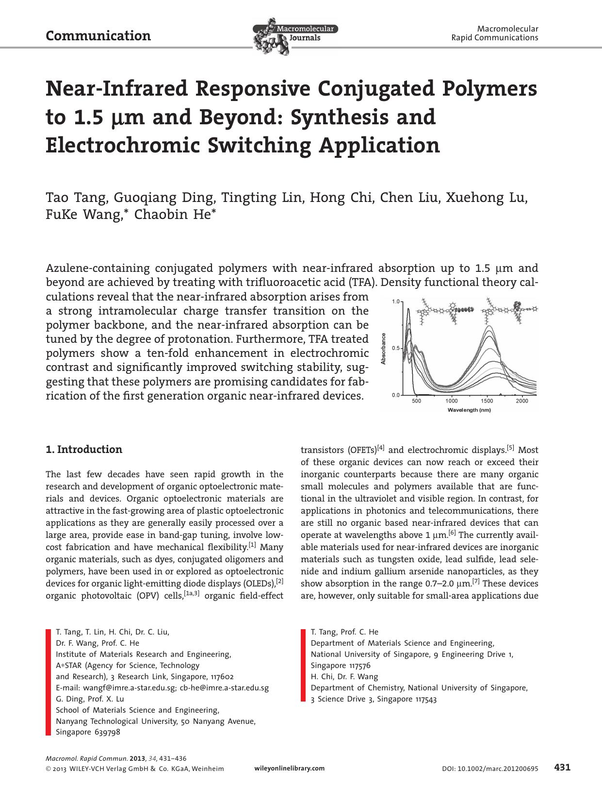 NearInfrared Responsive Conjugated Polymers to 1.5 m and Beyond: Synthesis and Electrochromic Switching Application by wbpm