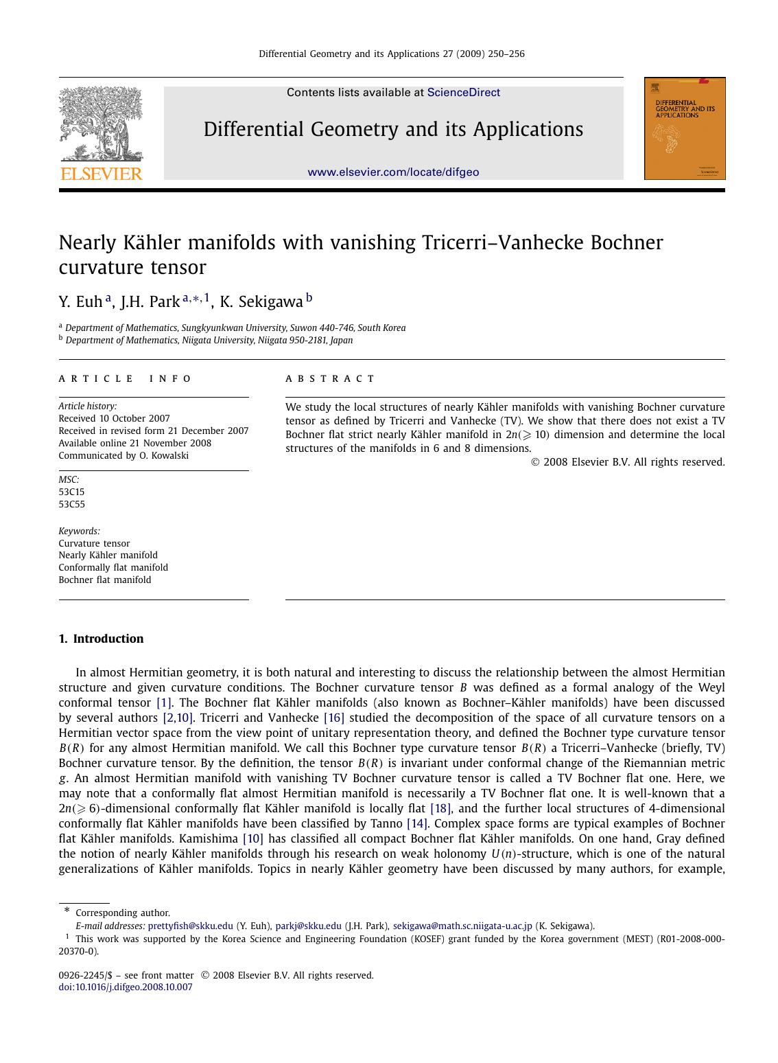 Nearly KÃ¤hler manifolds with vanishing TricerriâVanhecke Bochner curvature tensor by Y. Euh; J.H. Park; K. Sekigawa