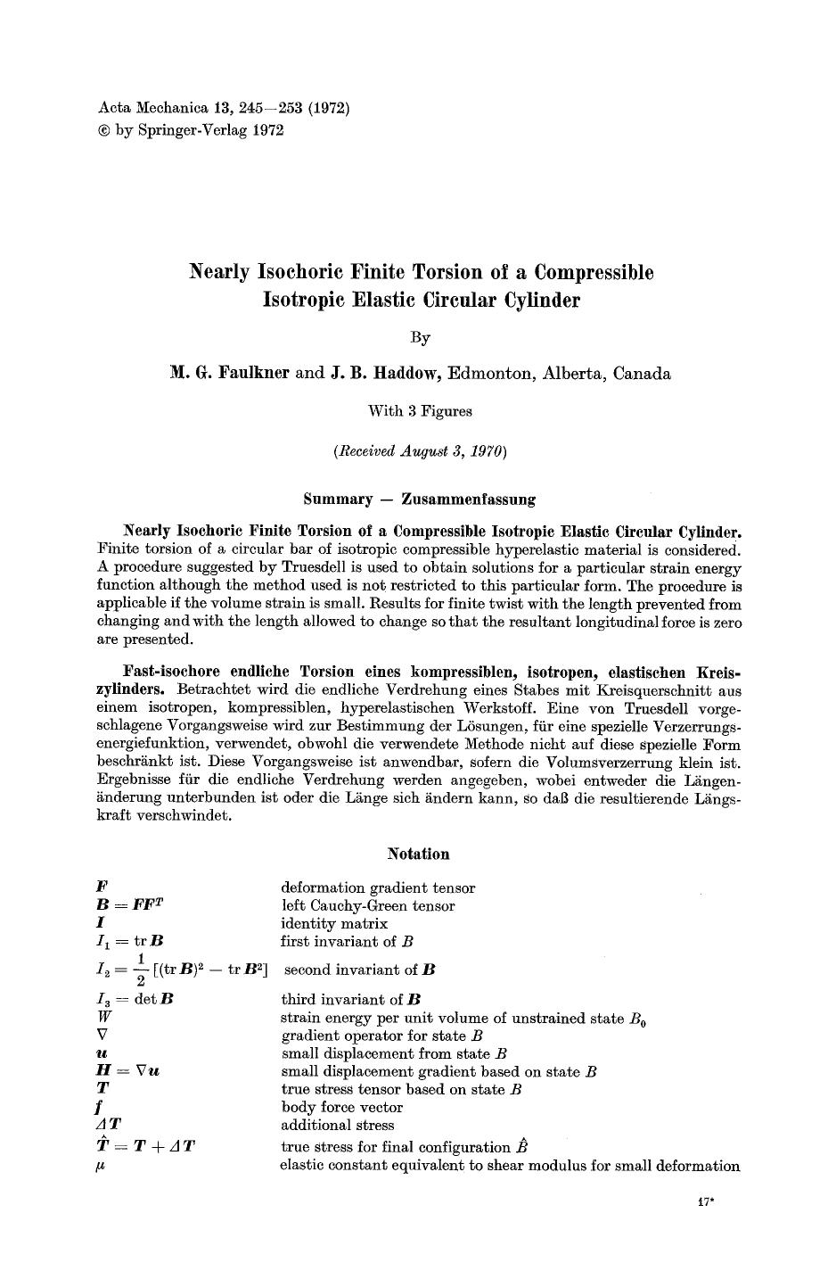 Nearly isochoric finite torsion of a compressible isotropic elastic circular cylinder by Unknown