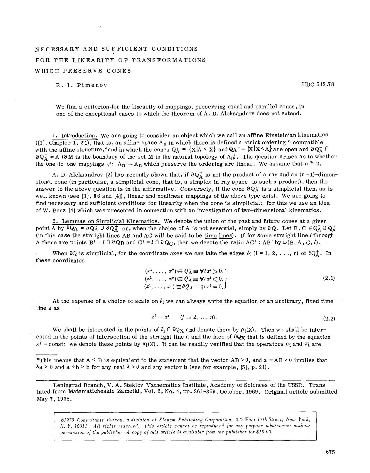 Necessary and sufficient conditions for the linearity of transformations which preserve cones by Unknown