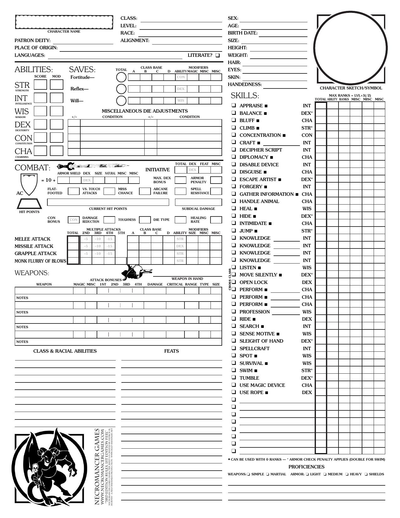 Necromancer Games Character Sheet 1.0 by Patrick Murphy a Mad Irishman Production (www.mad-irishman.net)