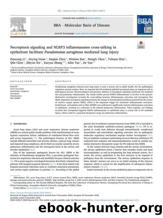 Necroptosis signaling and NLRP3 inflammasome cross-talking in epithelium facilitate Pseudomonas aeruginosa mediated lung injury by unknow