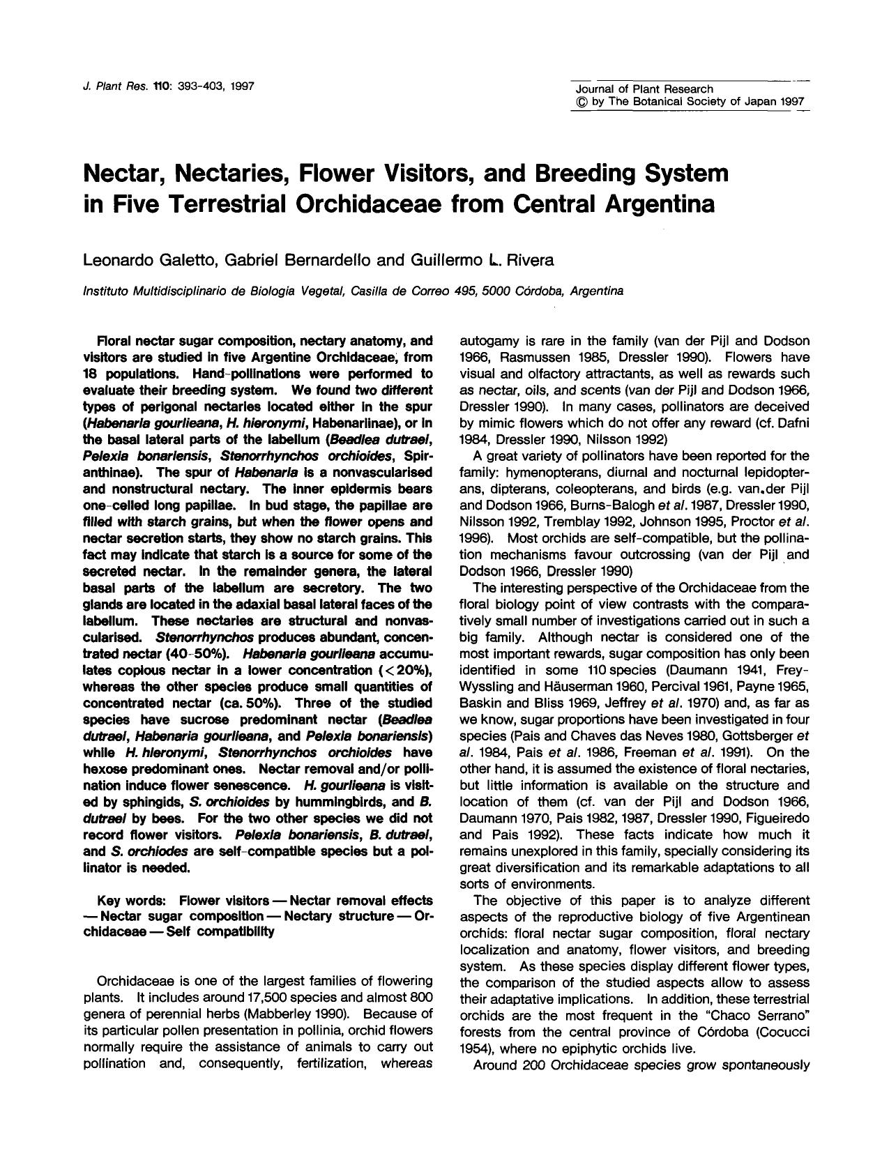Nectar, nectaries, flower visitors, and breeding system in five terrestrial Orchidaceae from central Argentina by Unknown