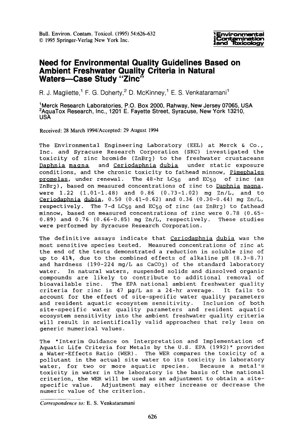 Need for environmental quality guidelines based on ambient freshwater quality criteria in natural waters—case study “zinc” by Unknown