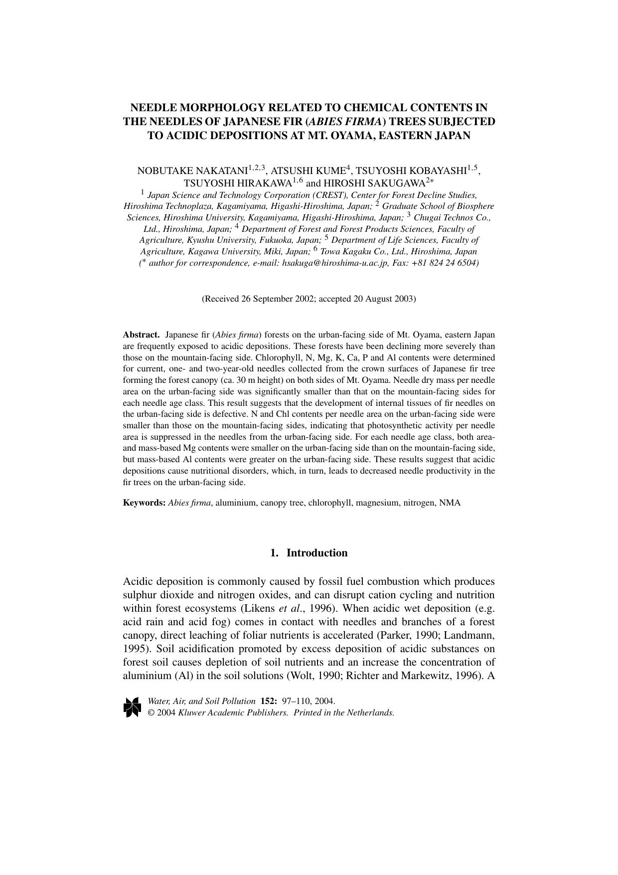 Needle Morphology Related to Chemical Contents in the Needles of Japanese Fir (<Emphasis Type="Italic">Abies Firma<Emphasis>) Trees Subjected to Acidic Depositions at Mt. Oyama, Eastern Japan by Unknown