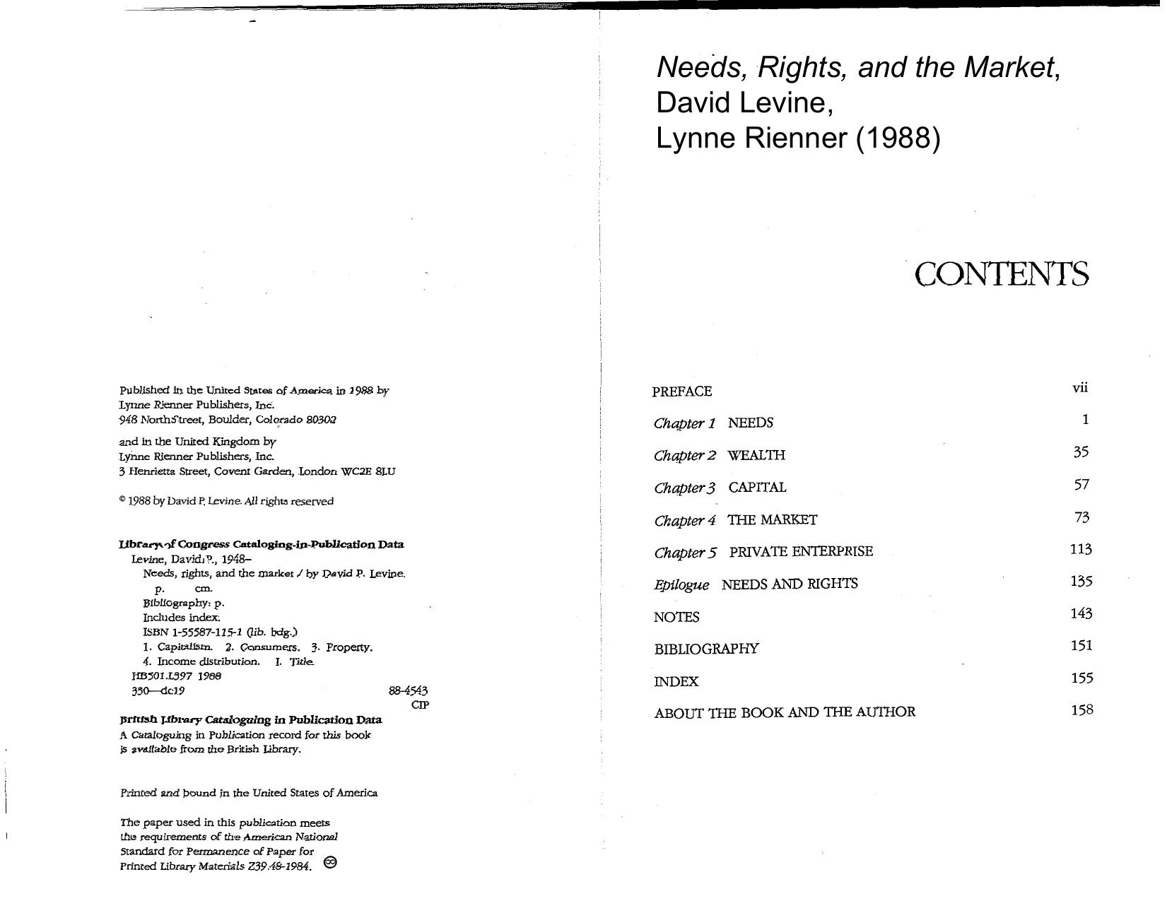Needs, Rights, and the Market by David P. Levine