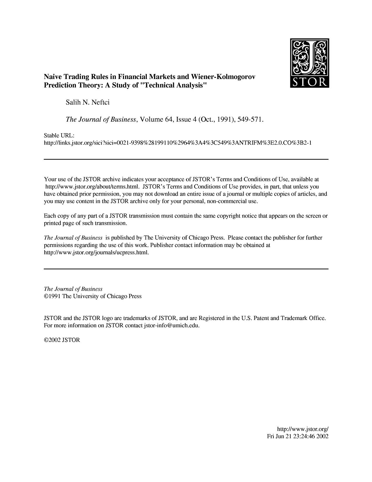 Neftci S. Naive Trading Rules in Financial Markets and Wiener-Kolmogorov Prediction Theory[c] A Study of [qu][qu]Technical Analysis[qu][qu] (1991)(en)(24s) by YN