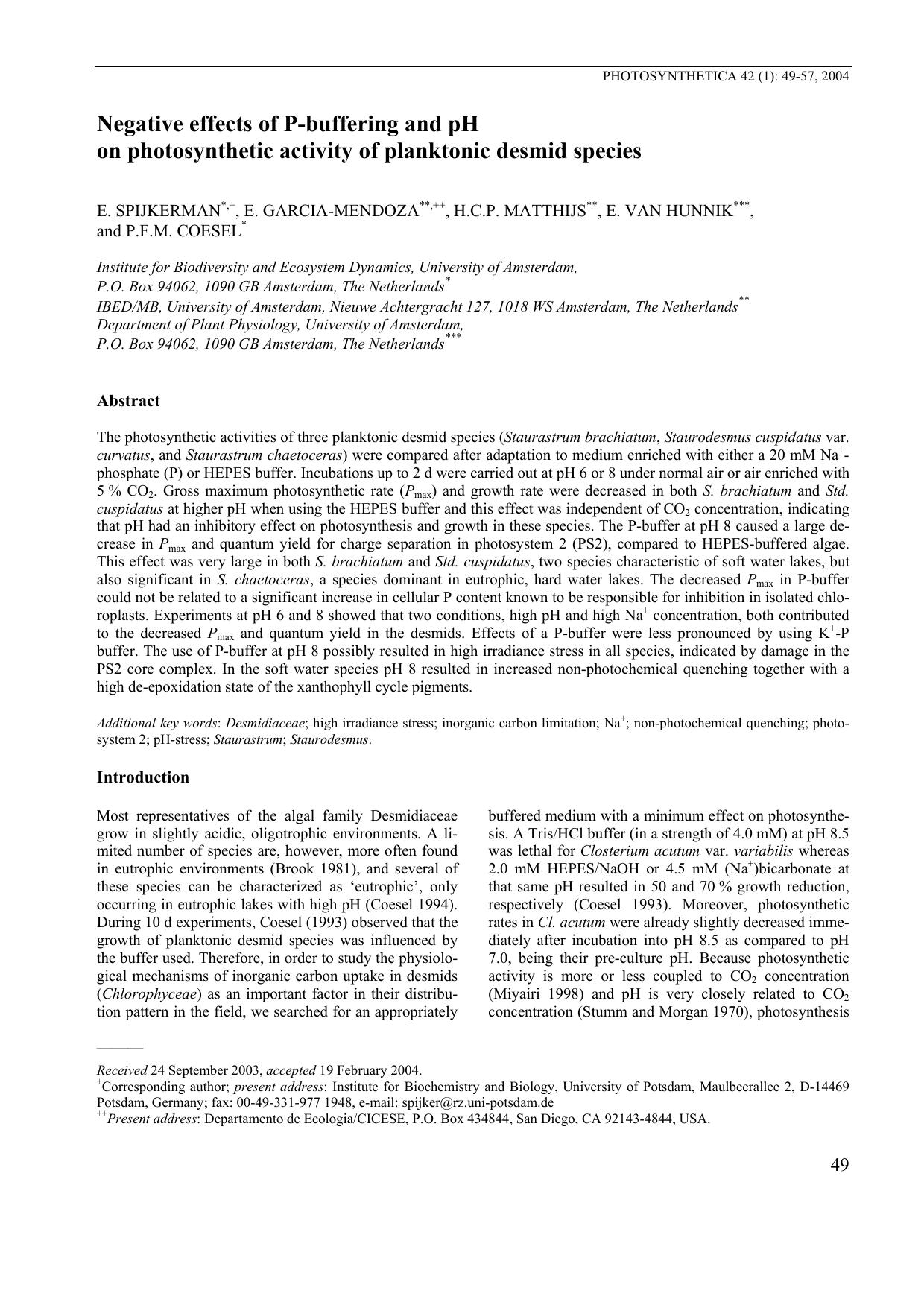 Negative Effects of P-Buffering and pH on Photosynthetic Activity of Planktonic Desmid Species by Unknown