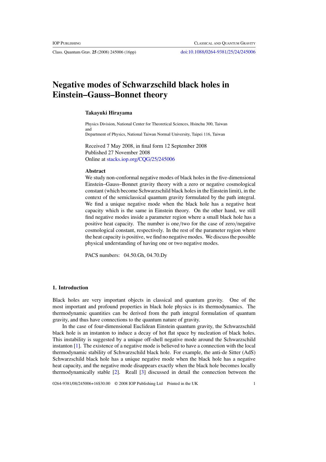 Negative modes of Schwarzschild black holes in Einstein--Gauss--Bonnet theory by T Hirayama