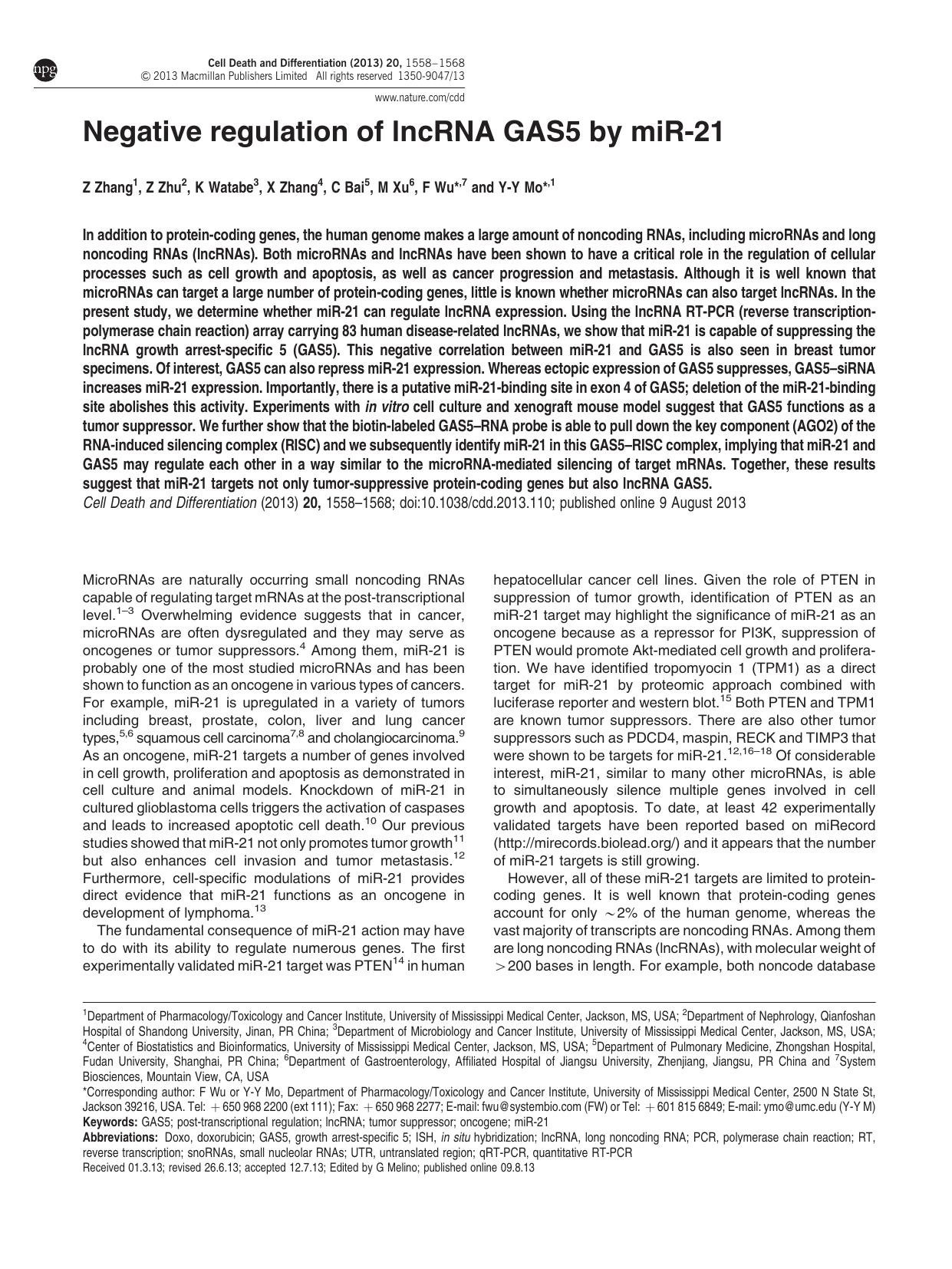 Negative regulation of lncRNA GAS5 by miR-21 by Z Zhang & Z Zhu & K Watabe & X Zhang & C Bai & M Xu & F Wu & Y-Y Mo &