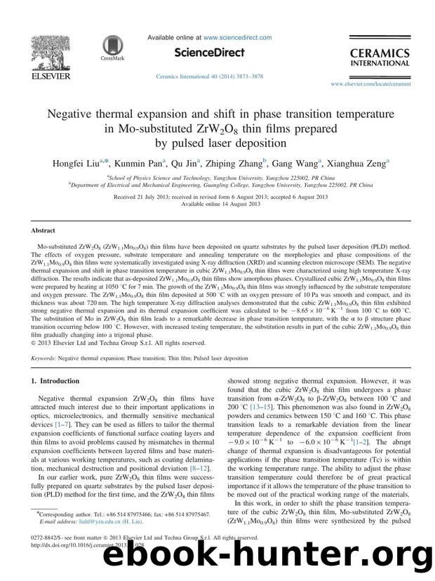 Negative thermal expansion and shift in phase transition temperature in Mo-substituted ZrW2O8 thin films prepared by pulsed laser deposition by Hongfei Liu & Kunmin Pan & Qu Jin & Zhiping Zhang & Gang Wang & Xianghua Zeng