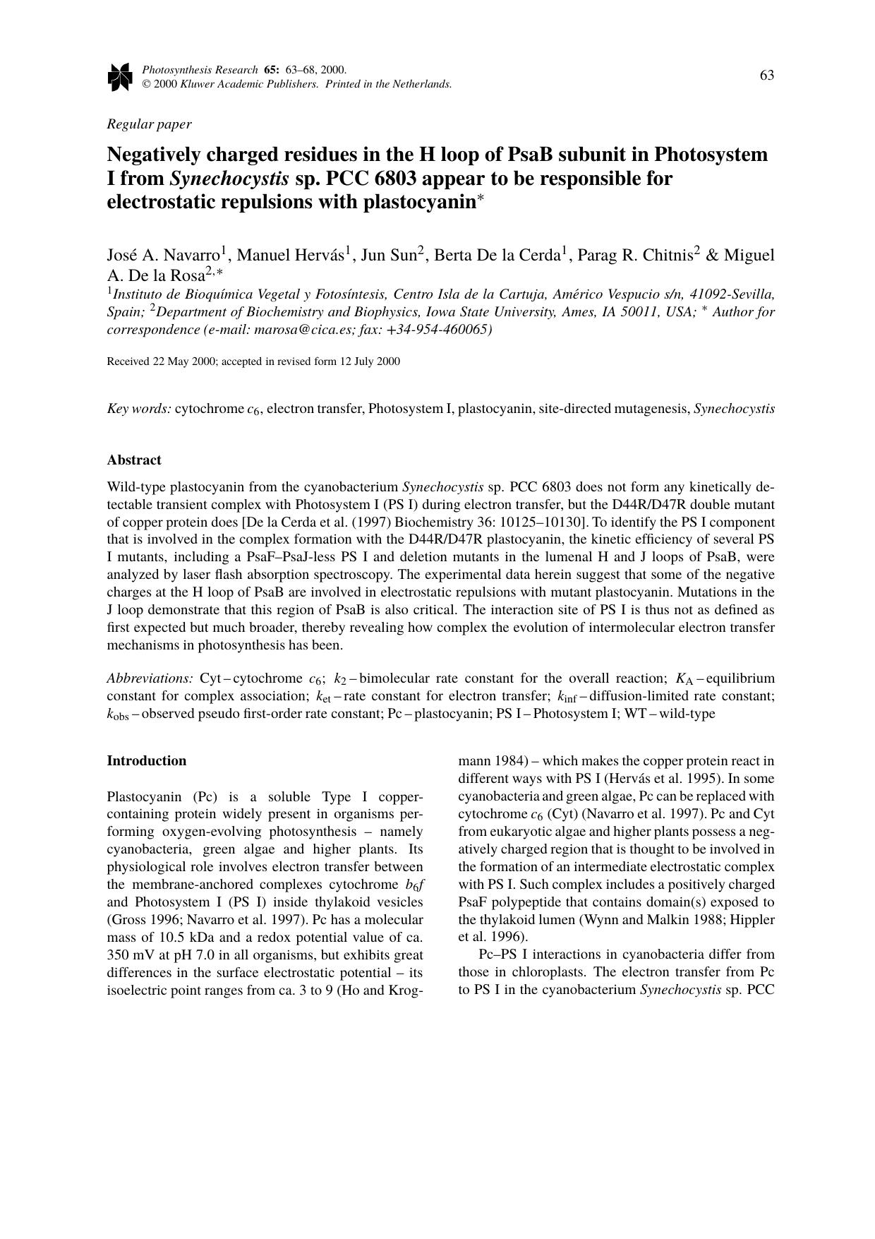 Negatively charged residues in the H loop of PsaB subunit in Photosystem I from Synechocystis sp. PCC 6803 appear to be responsible for electrostatic repulsions with plastocyanin* by Unknown
