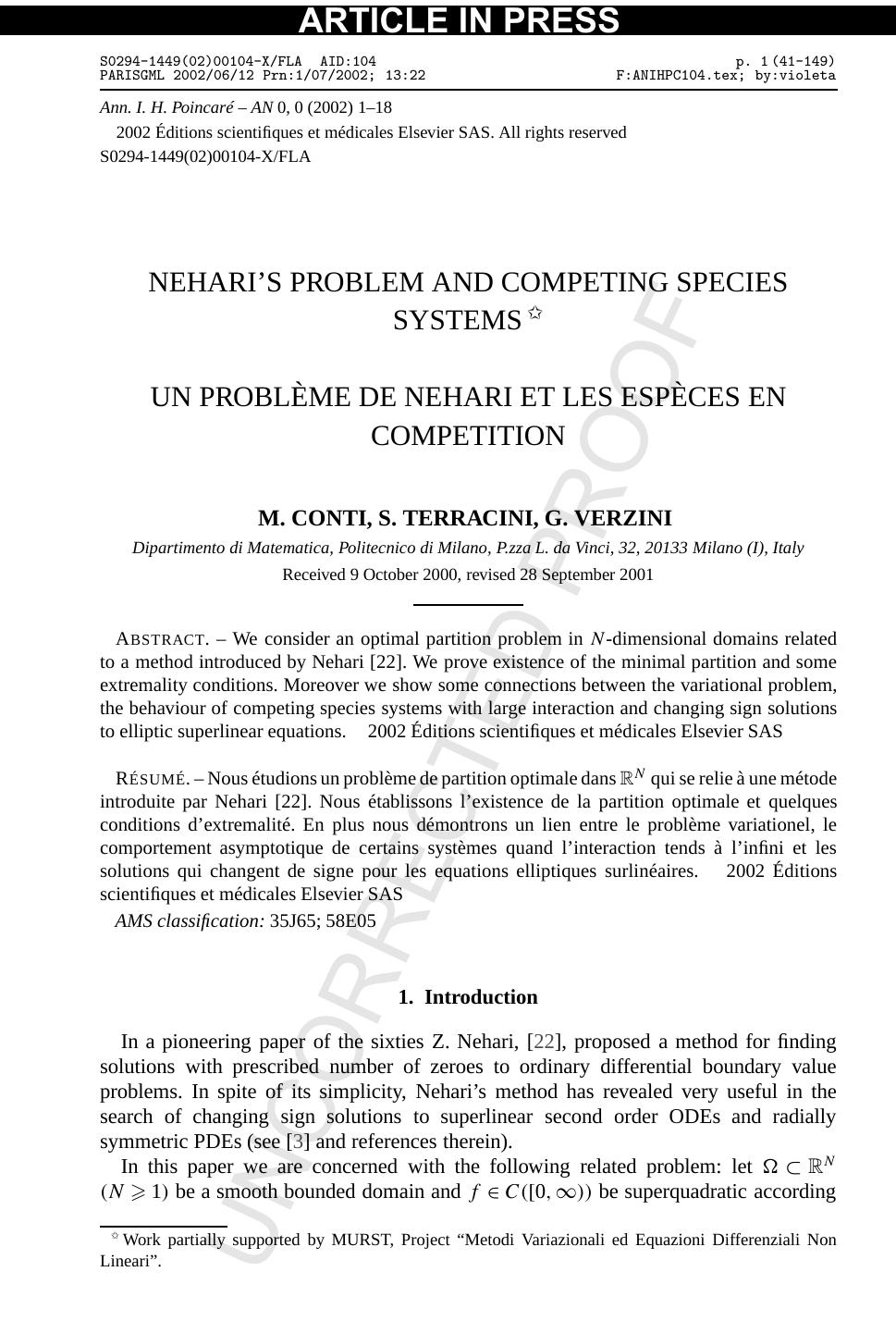 Neharis problem and competing species systems by Conti M. Terracini S. Verzini G