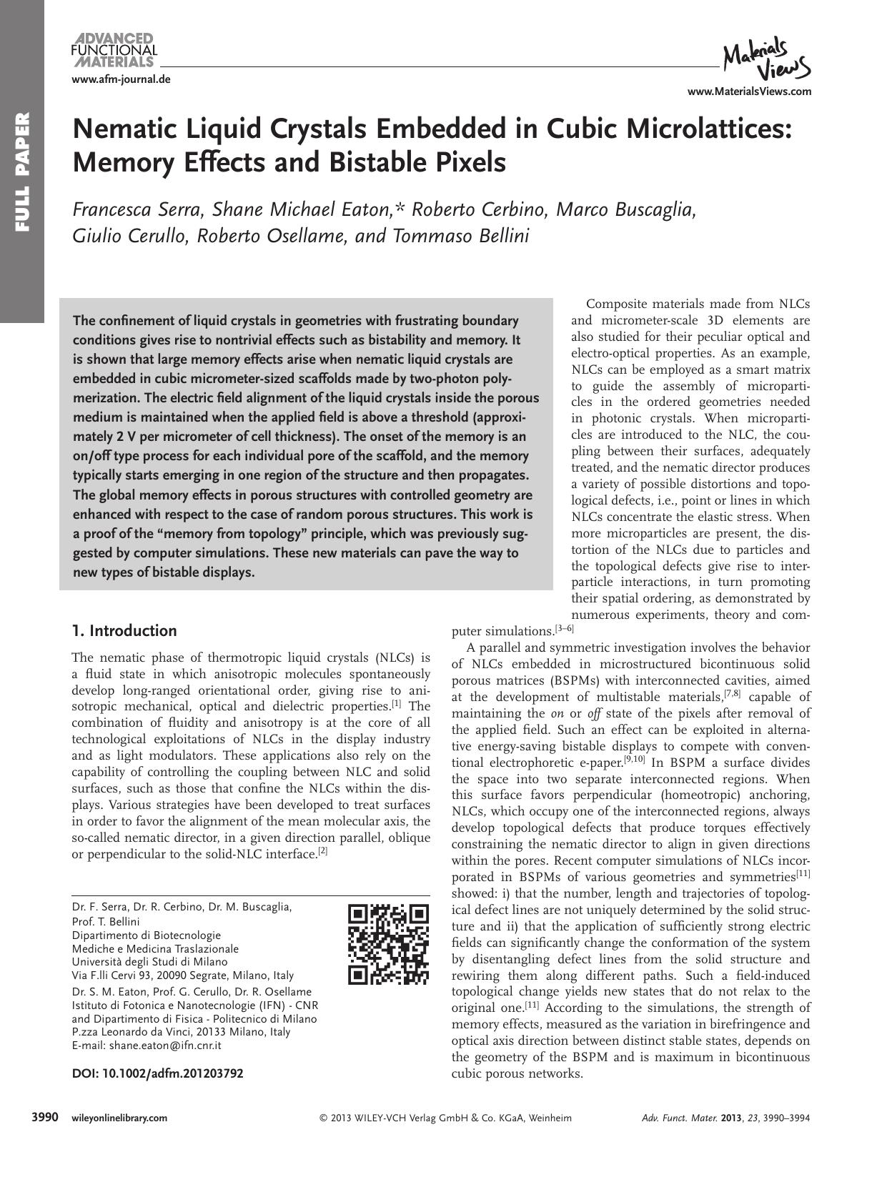 Nematic Liquid Crystals Embedded in Cubic Microlattices: Memory Effects and Bistable Pixels by f-282-imac