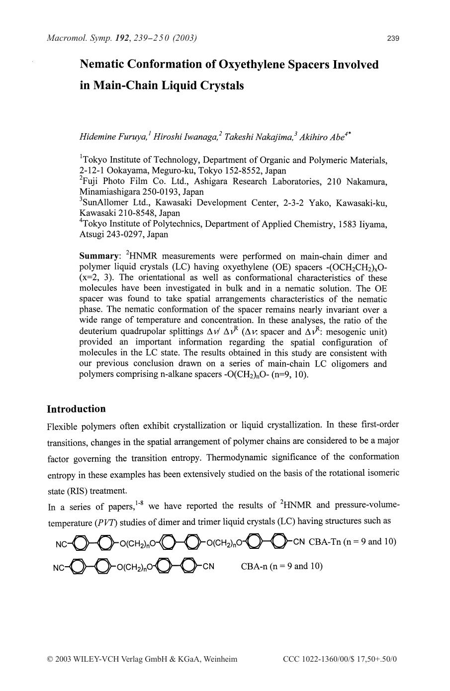 Nematic conformation of oxyethylene spacers involved in main-chain liquid crystals by Unknown