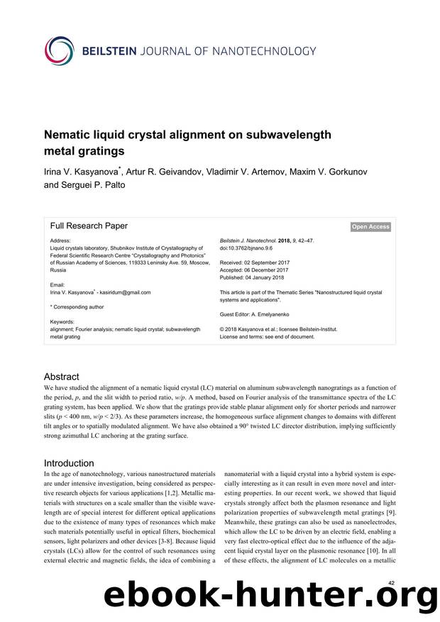 Nematic liquid crystal alignment on subwavelength metal gratings by Irina V. Kasyanova Artur R. Geivandov Vladimir V. Artemov Maxim V. Gorkunov Serguei P. Palto