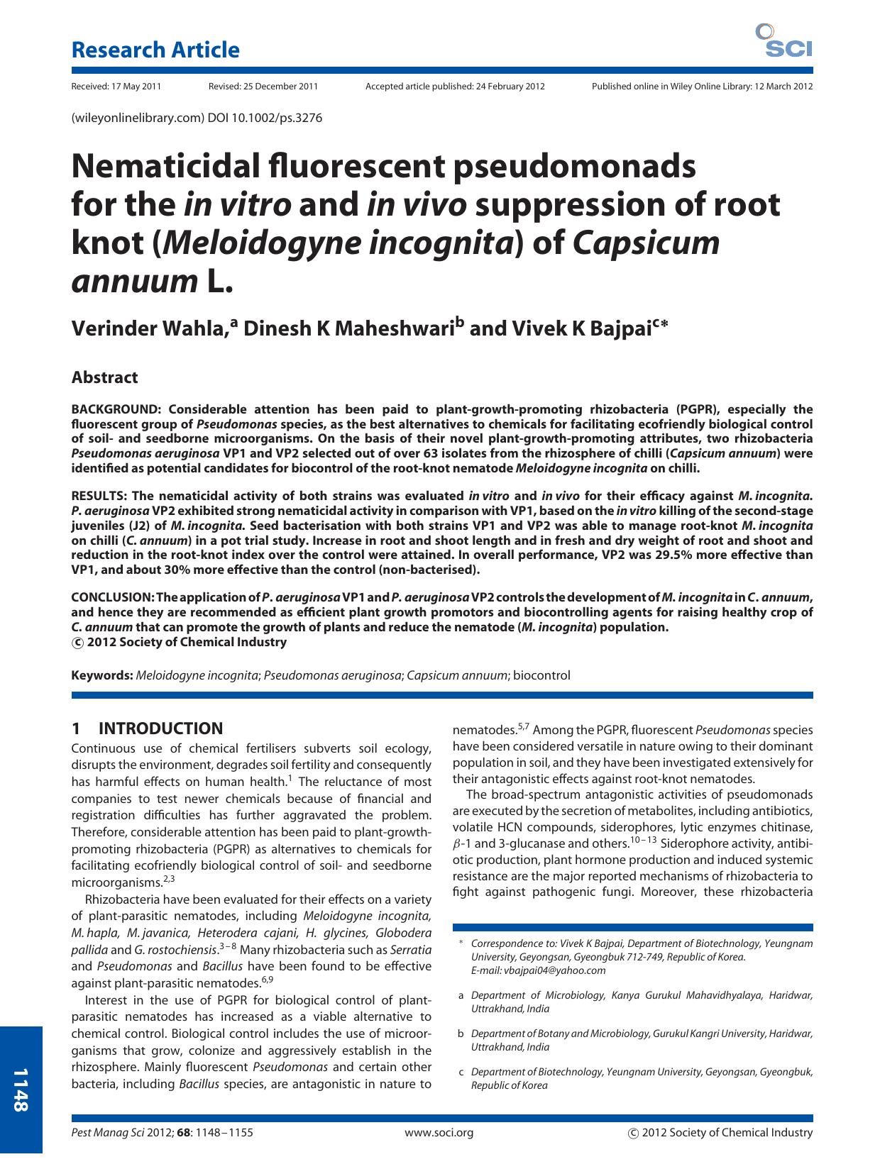 Nematicidal fluorescent pseudomonads for the in vitro and in vivo suppression of root knot (Meloidogyne incognita) of Capsicum annuum L. by Unknown