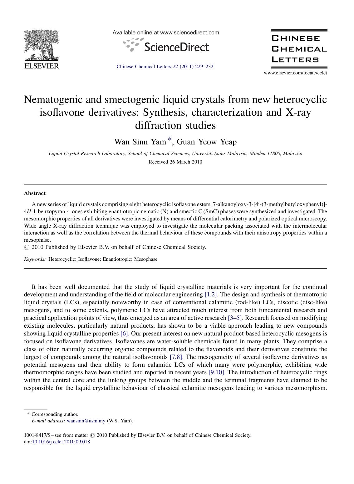Nematogenic and smectogenic liquid crystals from new heterocyclic isoflavone derivatives: Synthesis, characterization and X-ray diffraction studies by Wan Sinn Yam