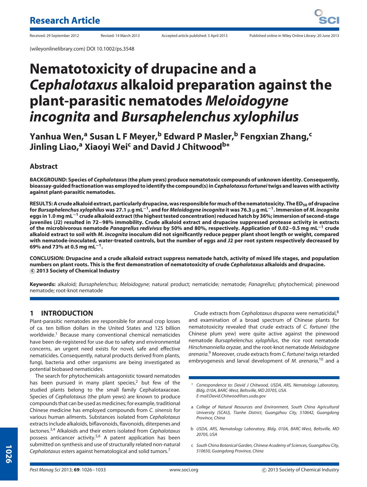 Nematotoxicity of drupacine and a Cephalotaxus alkaloid preparation against the plantparasitic nematodes Meloidogyne incognita and Bursaphelenchus xylophilus by Unknown