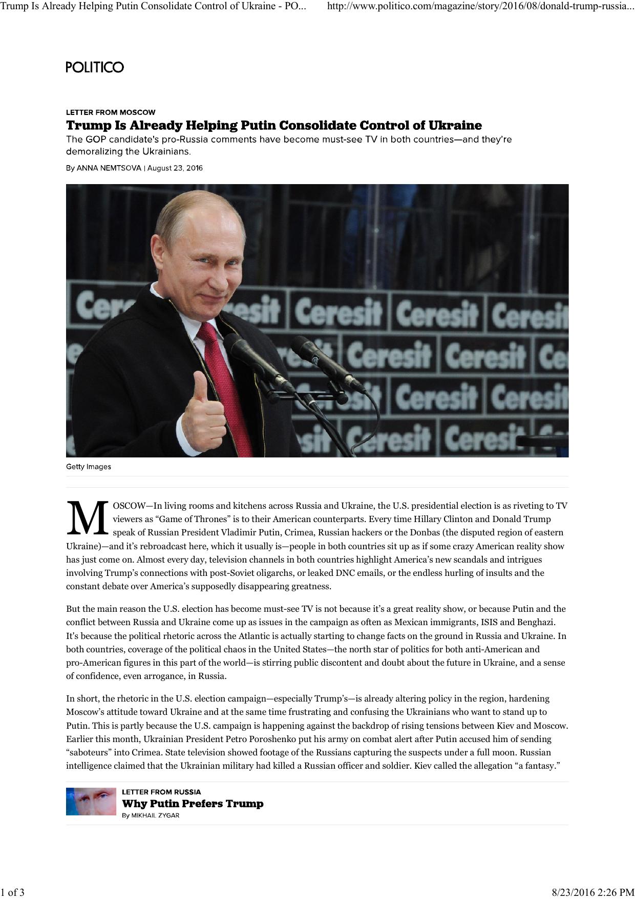 Nemtsova - Trump Is Already Helping Putin Consolidate Control of Ukraine by POLITICO Magazine (Aug 23 2016)